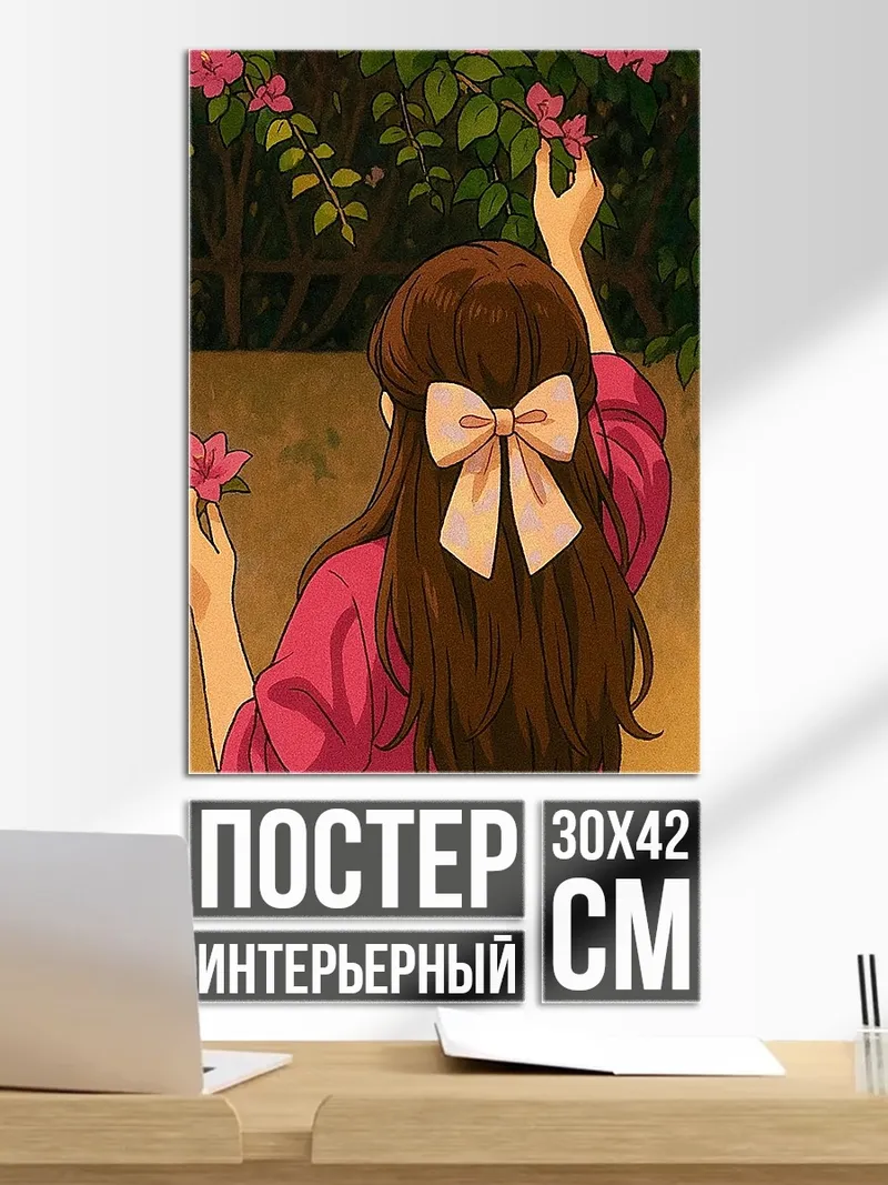Постер Девушка с бантом собирает цветы