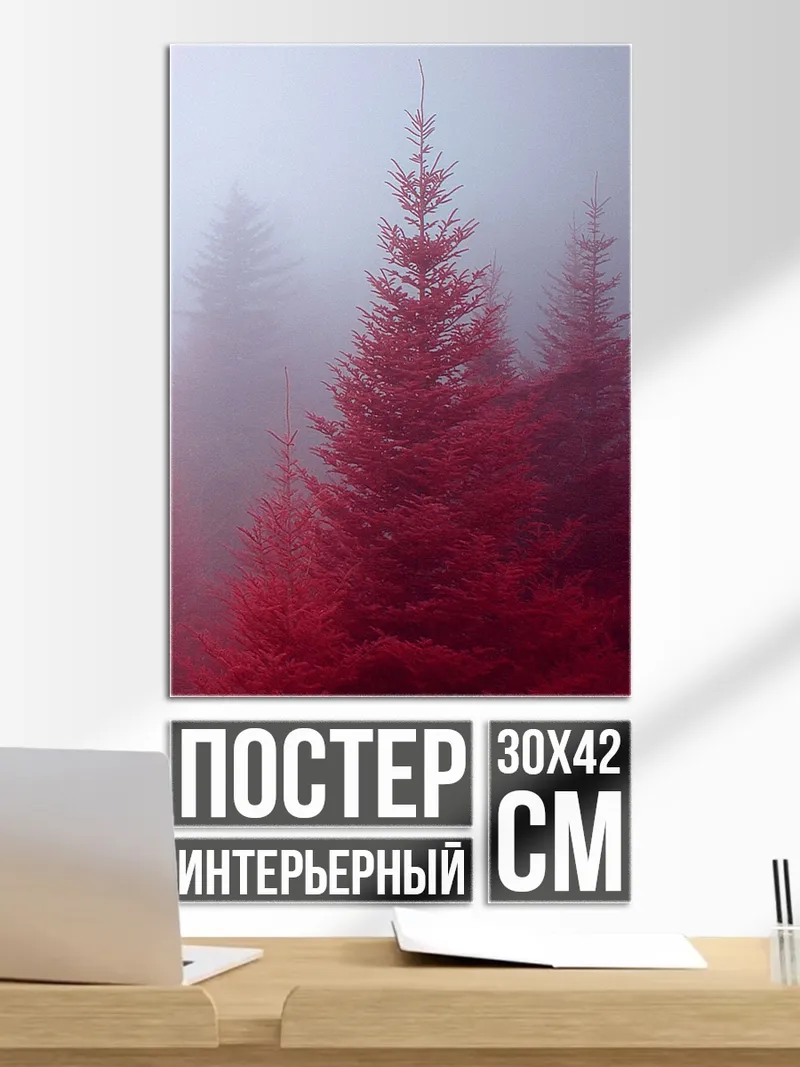 Постер Красный лес в тумане