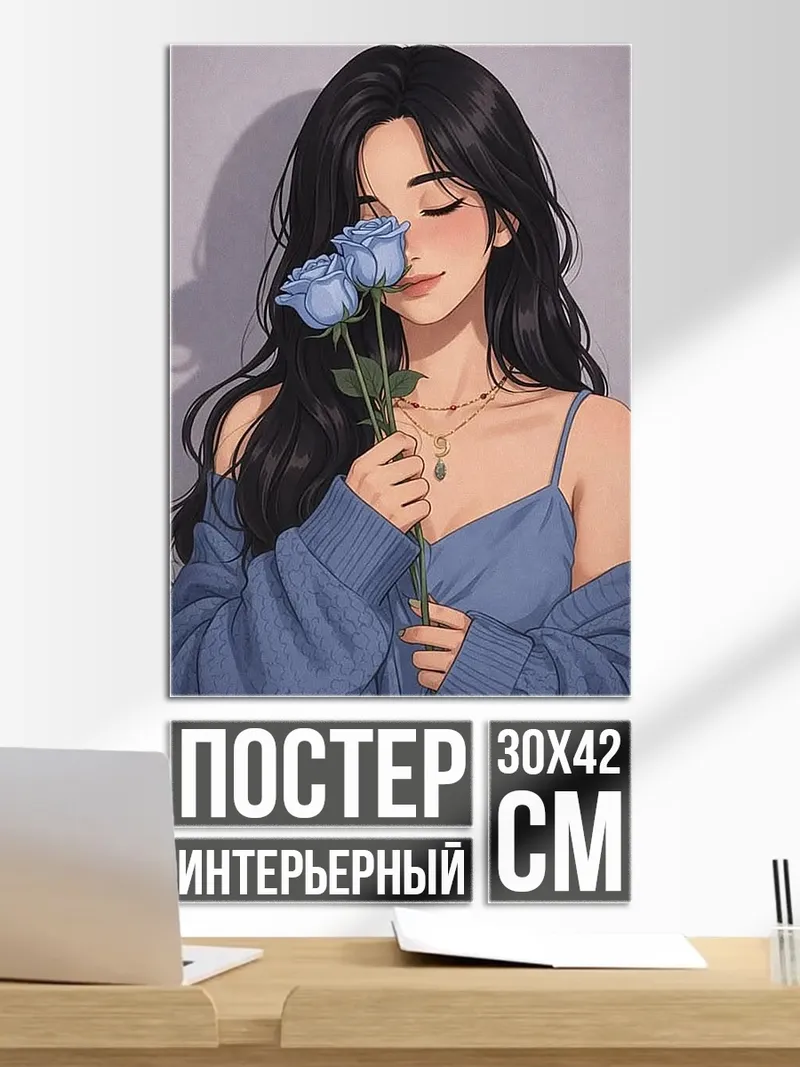 Постер Девушка с голубыми розами