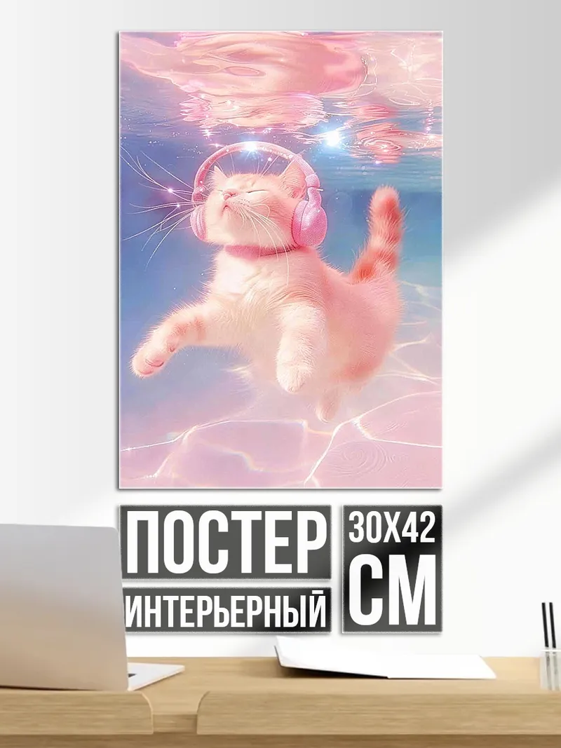 Постер Кот в наушниках плавает