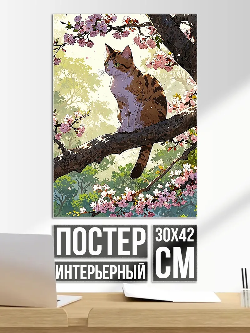 Постер Кот на вишне