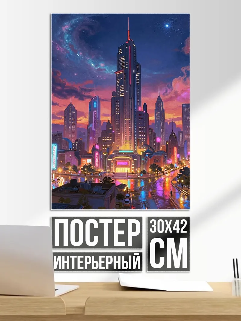 Постер Неоновый город на закате