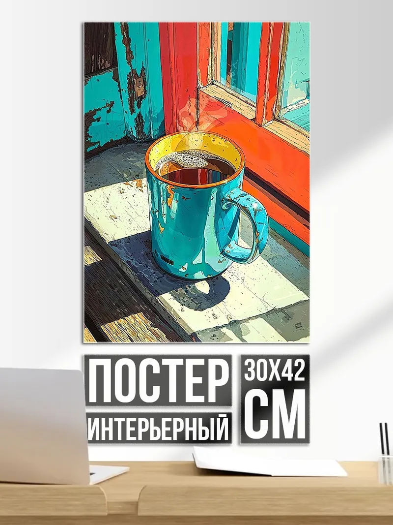 Постер Чашка кофе на подоконнике