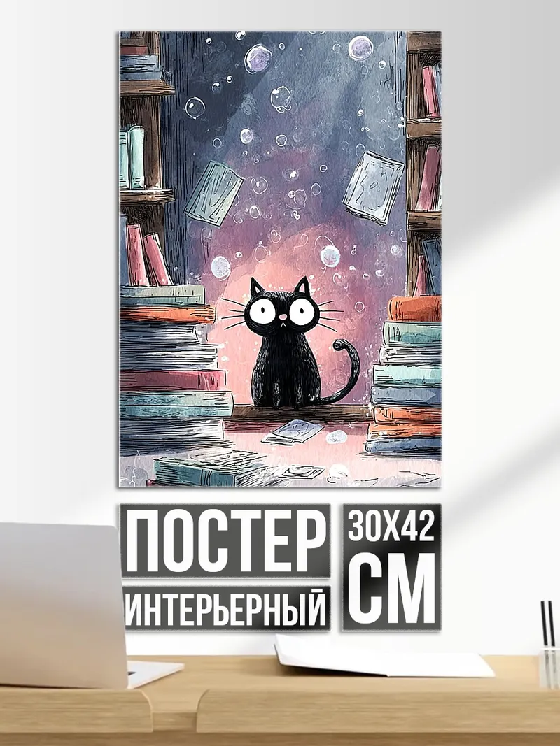Постер Черный кот в библиотеке