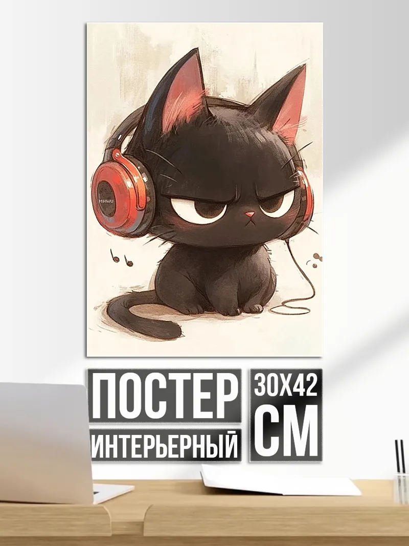 Постер Черный кот наушники