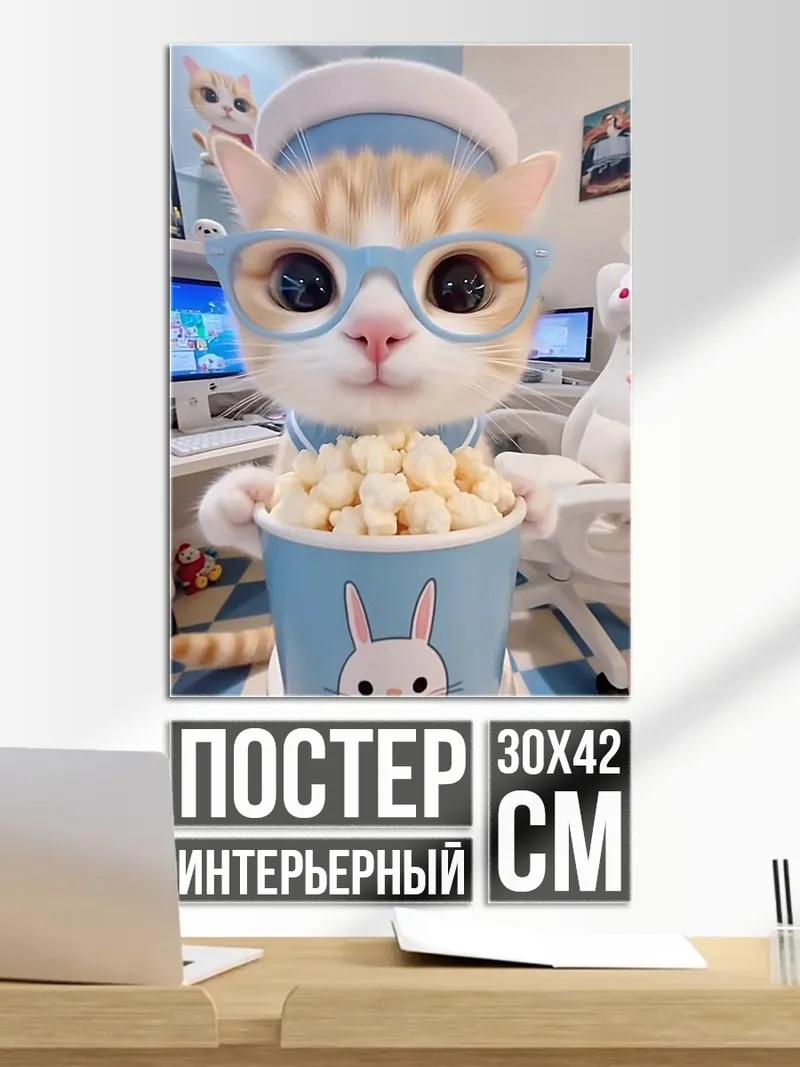Постер Кот в очках с попкорном