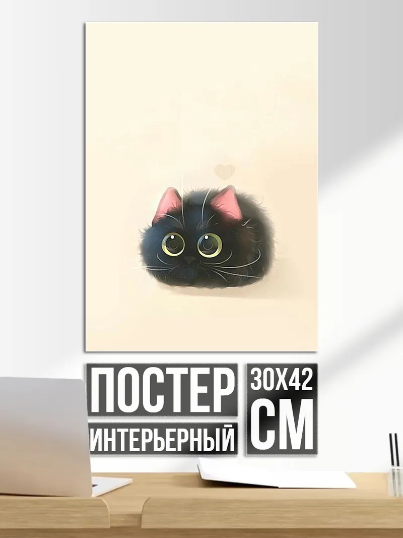 Постер Черный пушистый кот