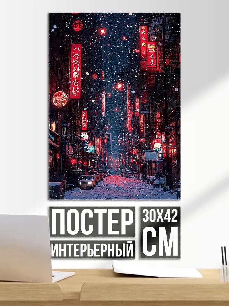Постер ночной город в снегу