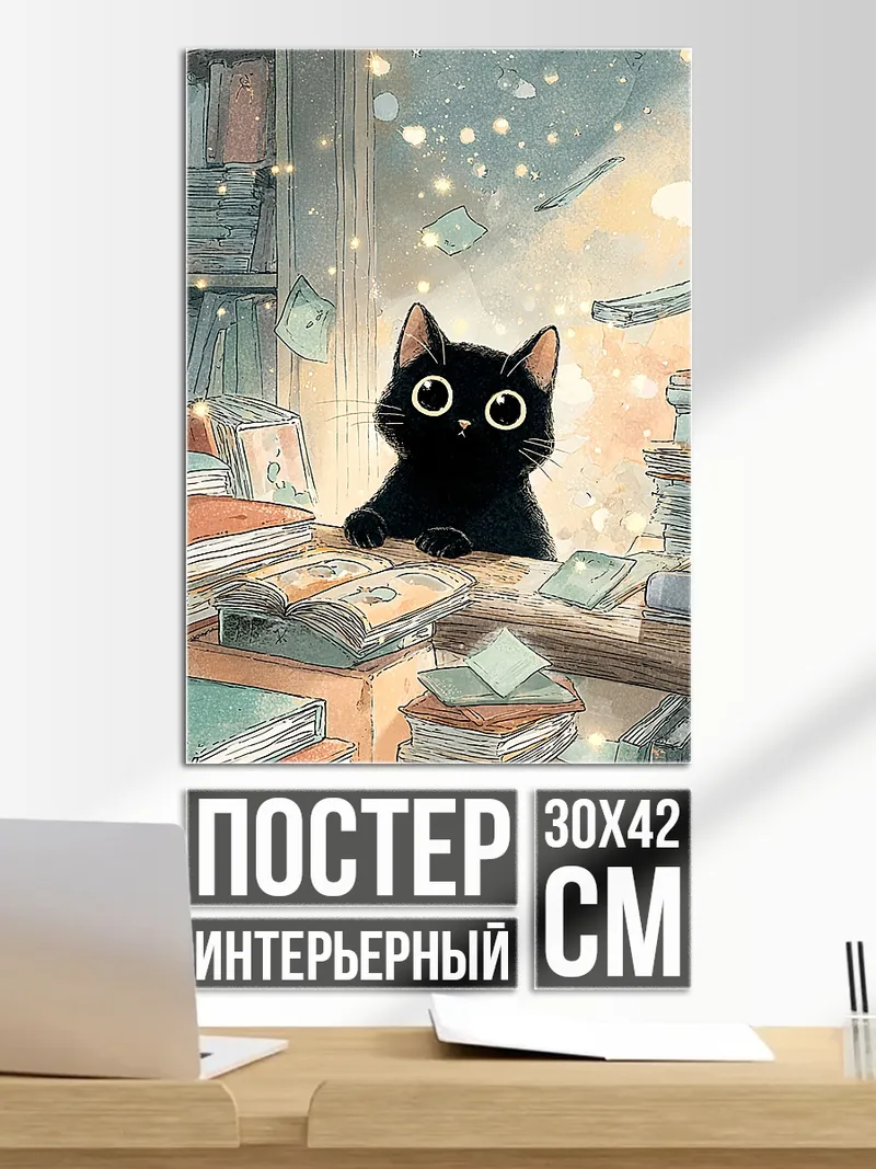 Постер черный котенок в библиотеке
