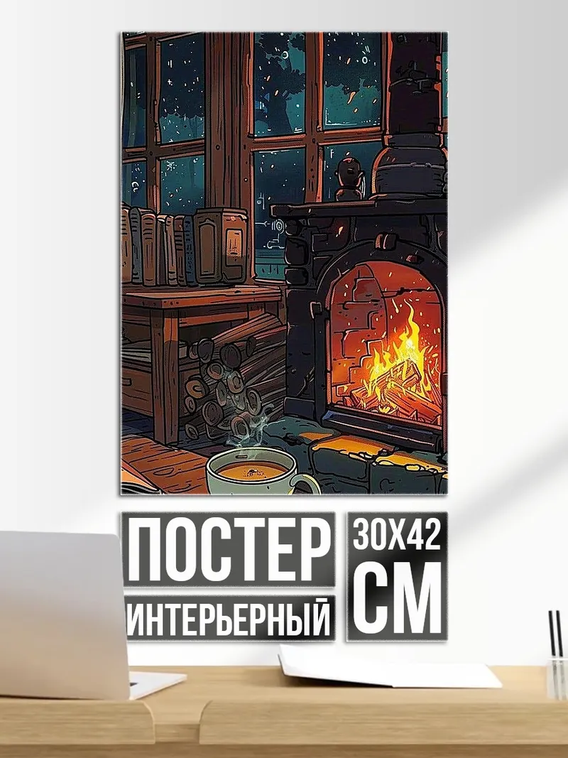 Постер Уютный камин с книгами
