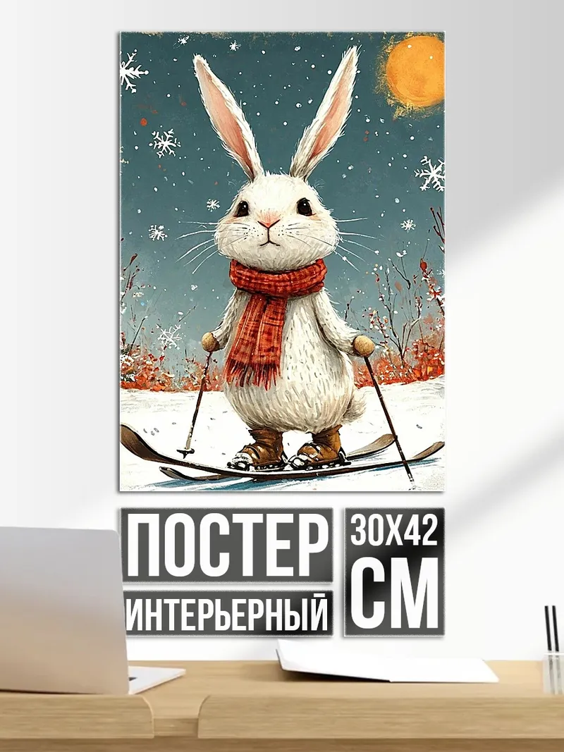 Постер Заяц лыжник в шарфе