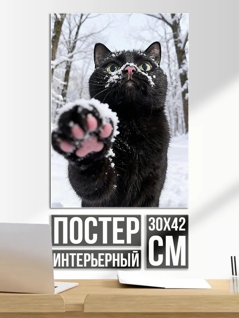 Постер Черный кот в снегу
