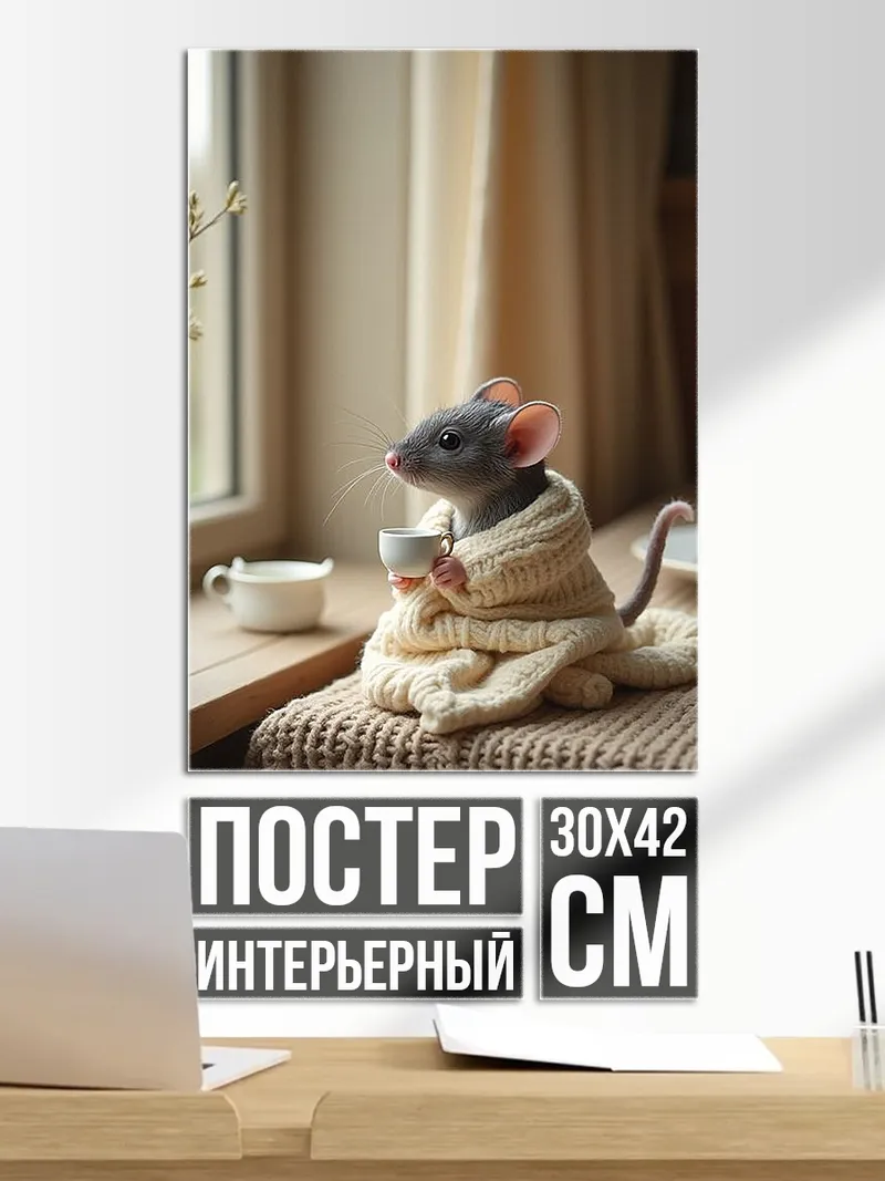 Постер Мышь с чашкой кофе