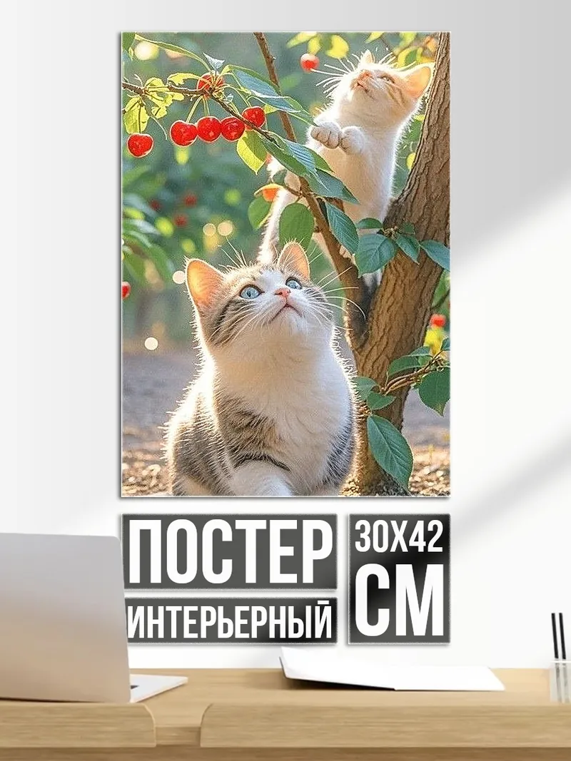 Постер Два котенка на вишне