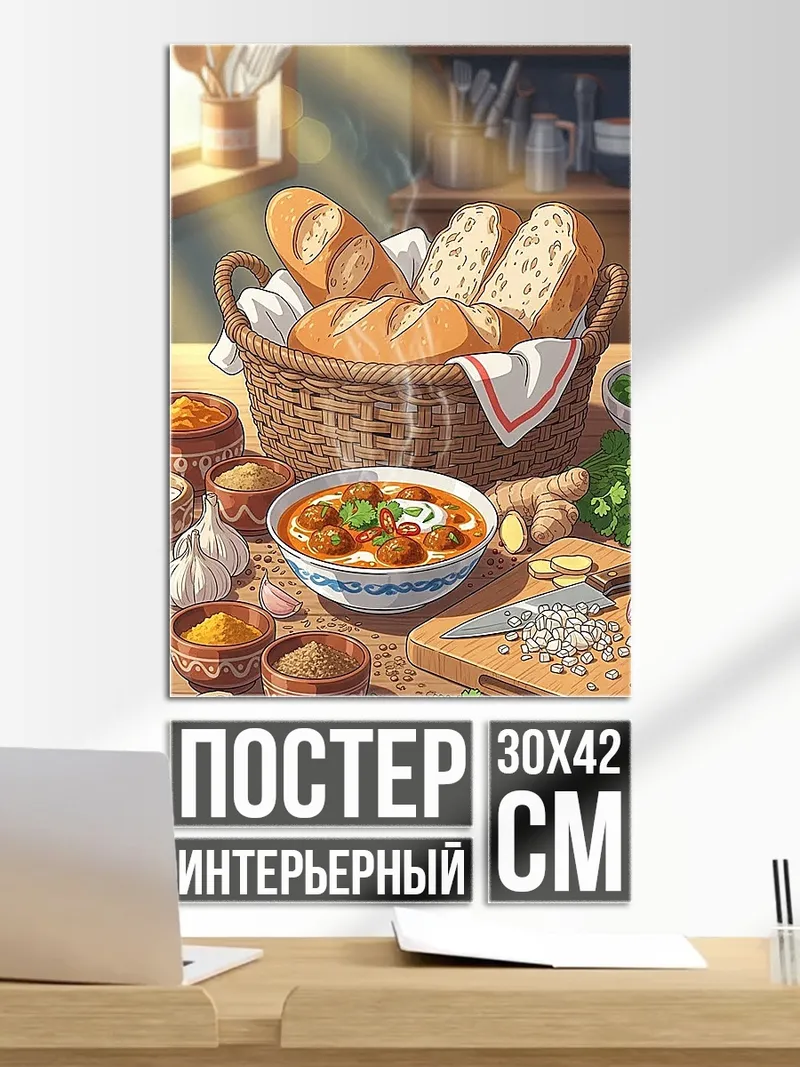 Постер Корзина хлеба и рагу