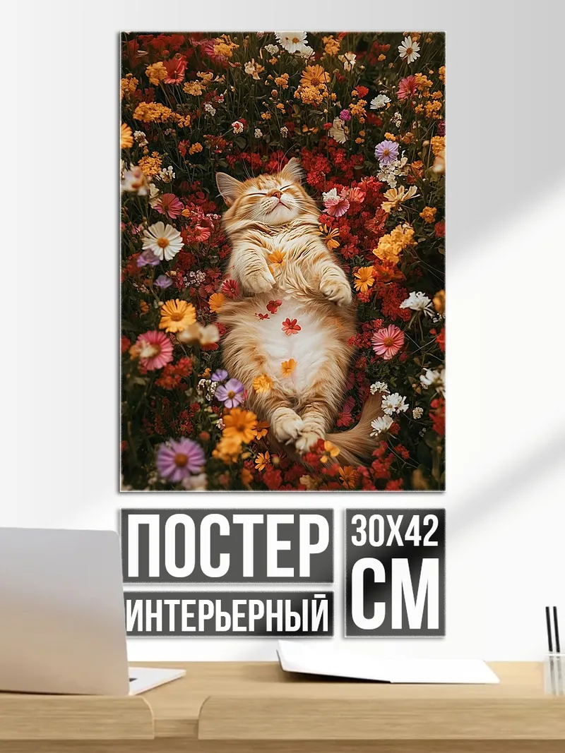 Постер Кот в цветах