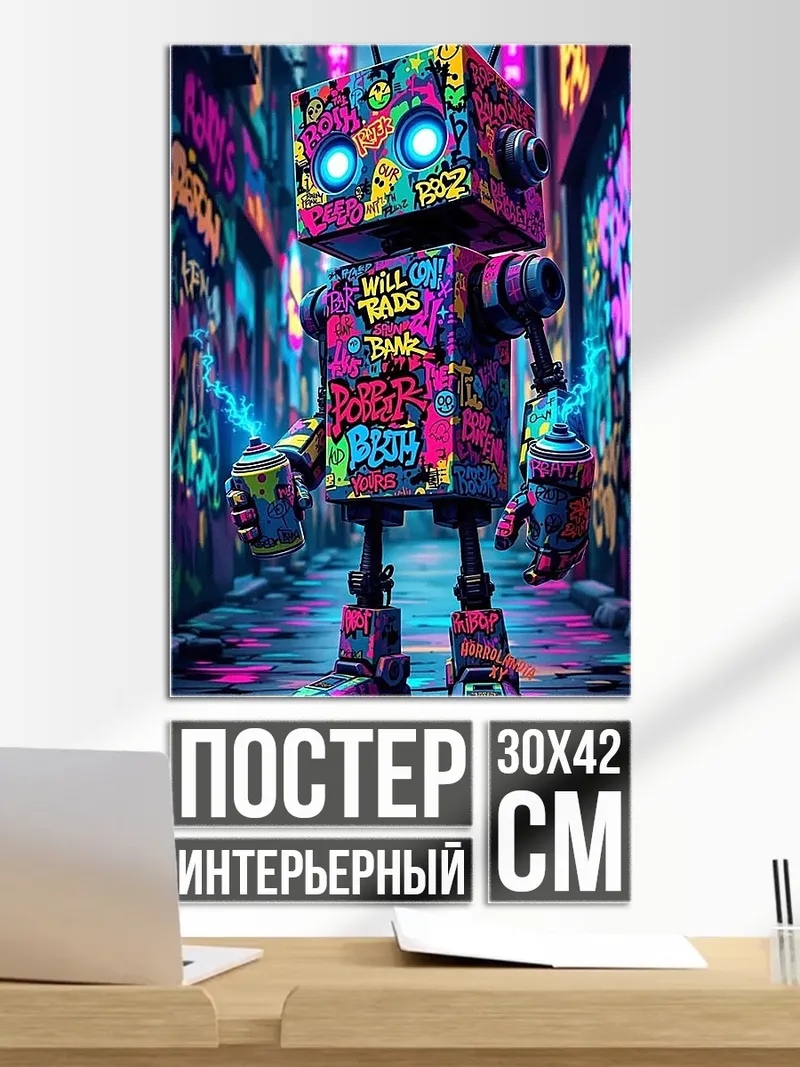 Постер киберпанк робот в граффити