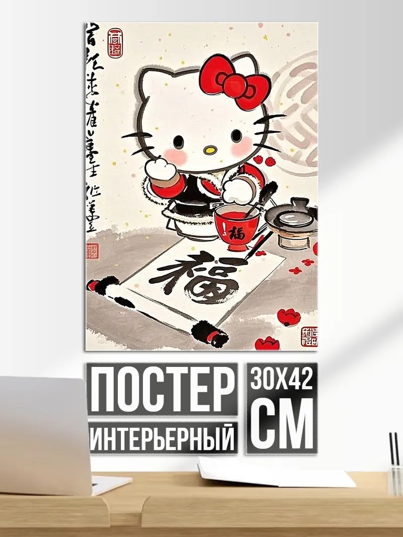 Постер Хелло Китти с каллиграфией