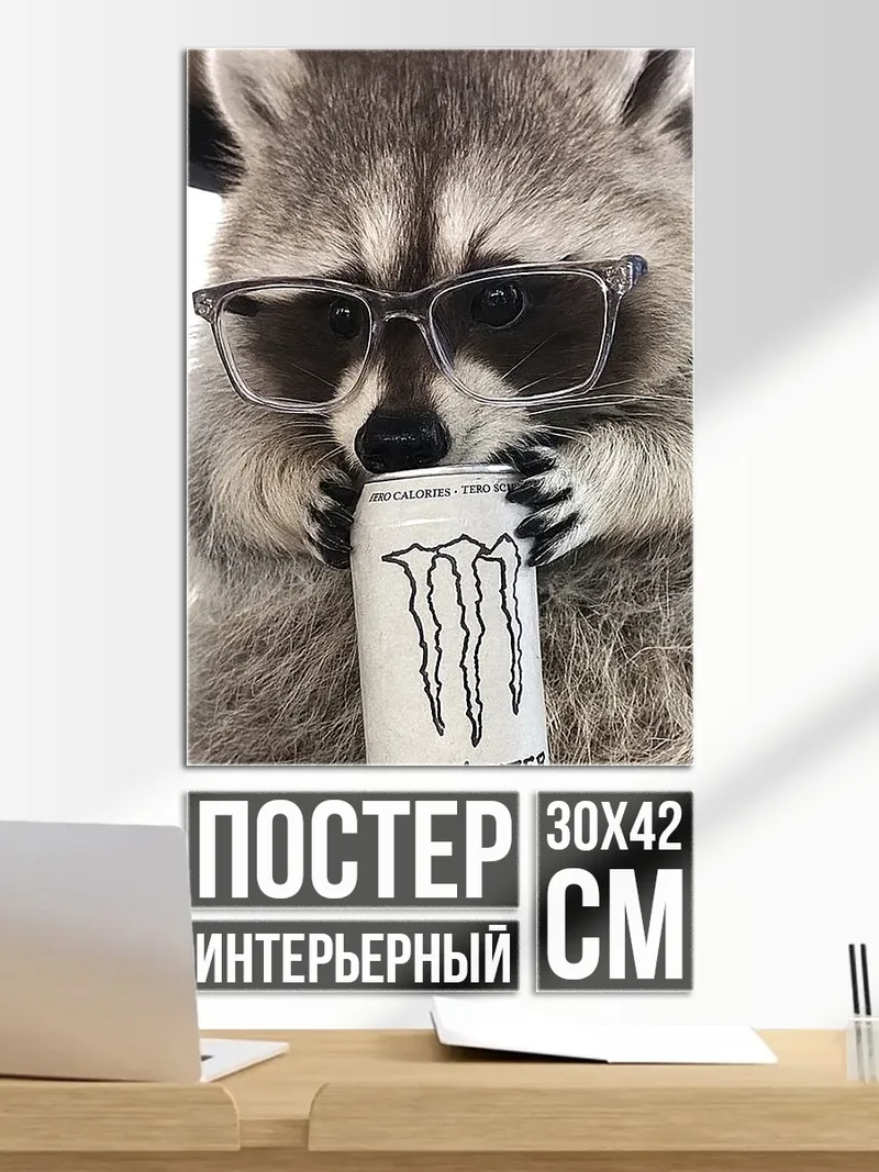 Постер Енот с энергетиком