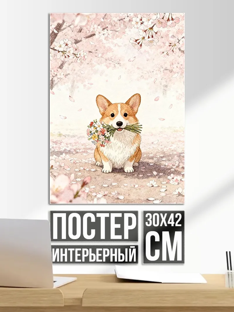 Постер Корги с цветами