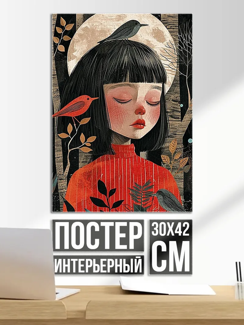Постер Девушка птицы луна