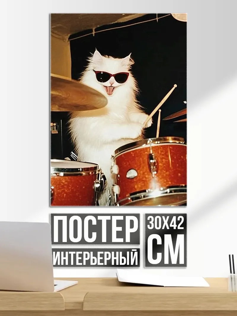 Постер Кот барабанщик в очках