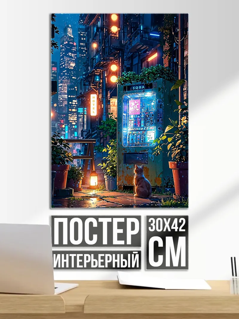 Постер Неоновый город дождь