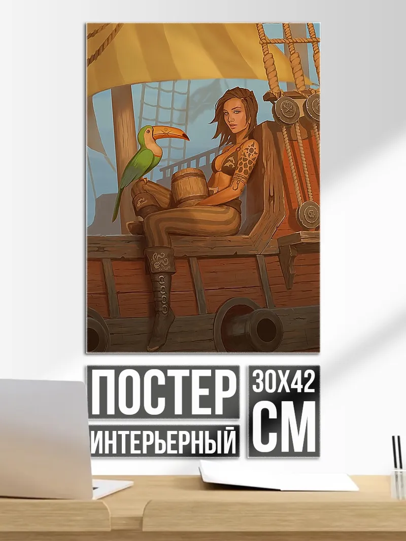 Постер Пиратка с туканом на корабле