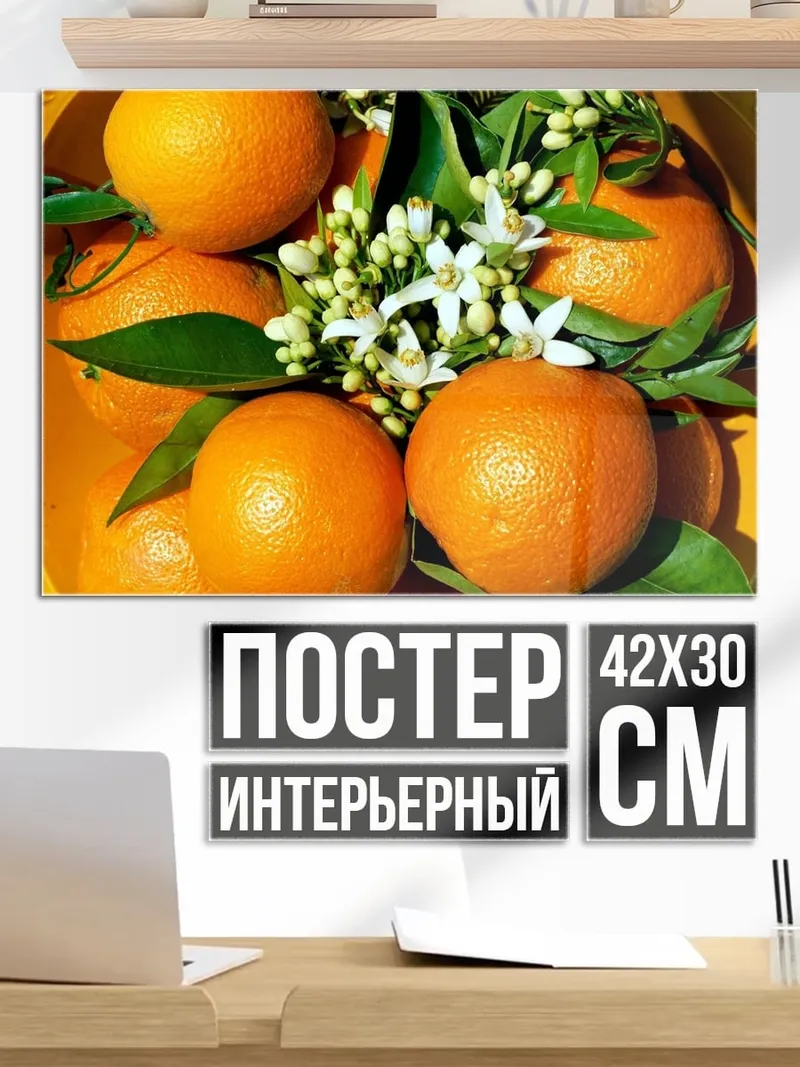 Постер апельсины цветы листья