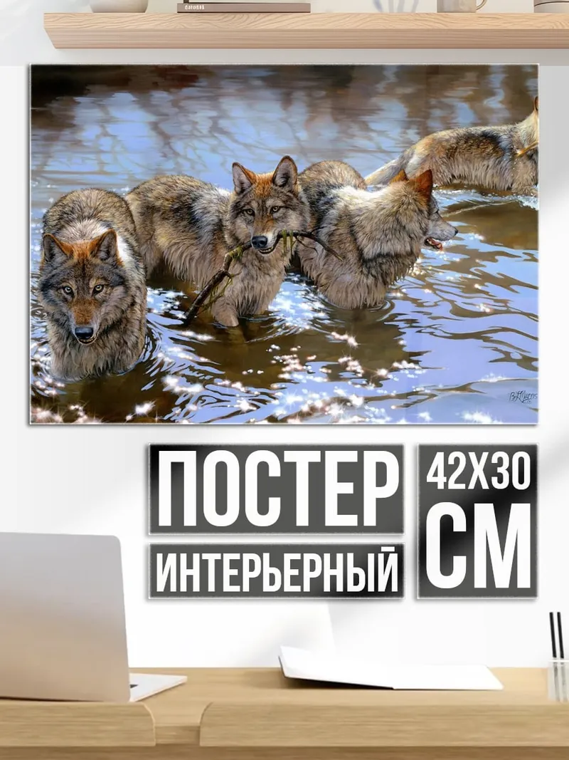 Постер Стая волков в воде