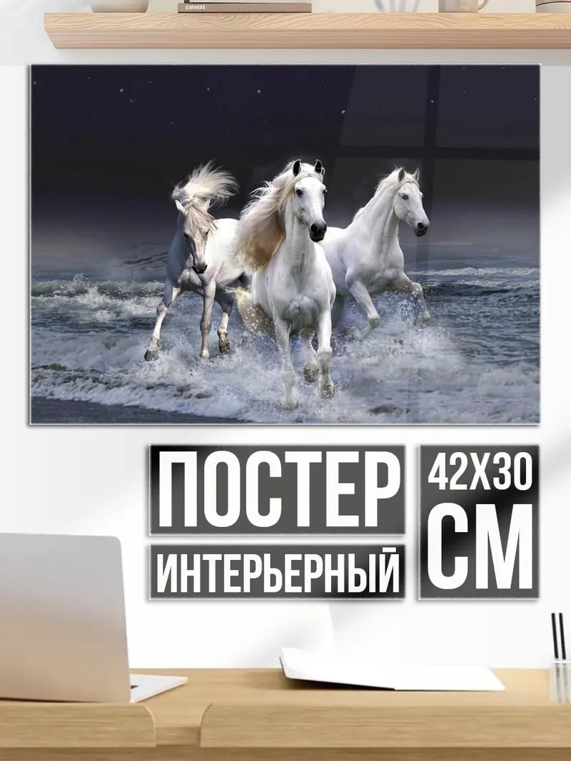 Постер Белые кони в воде