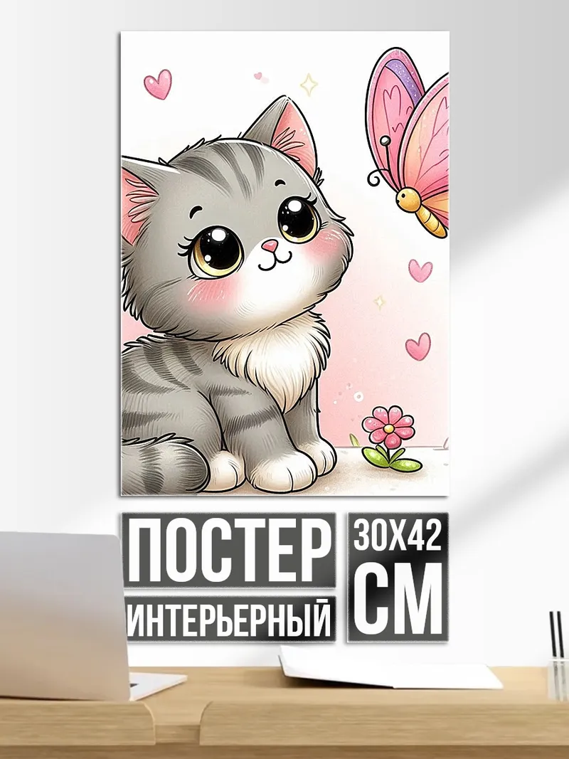 Постер Котёнок и бабочка