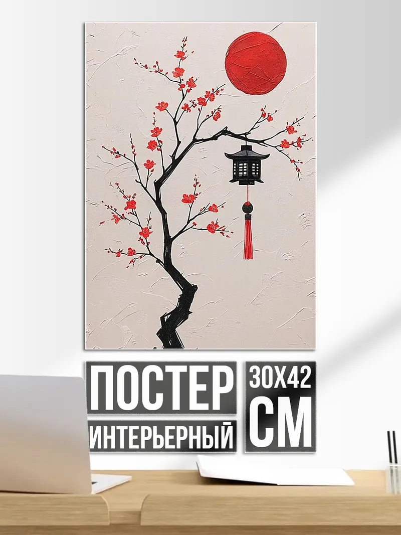 Постер Цветущая сакура и фонарь