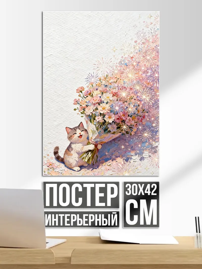 Постер Кот с букетом цветов