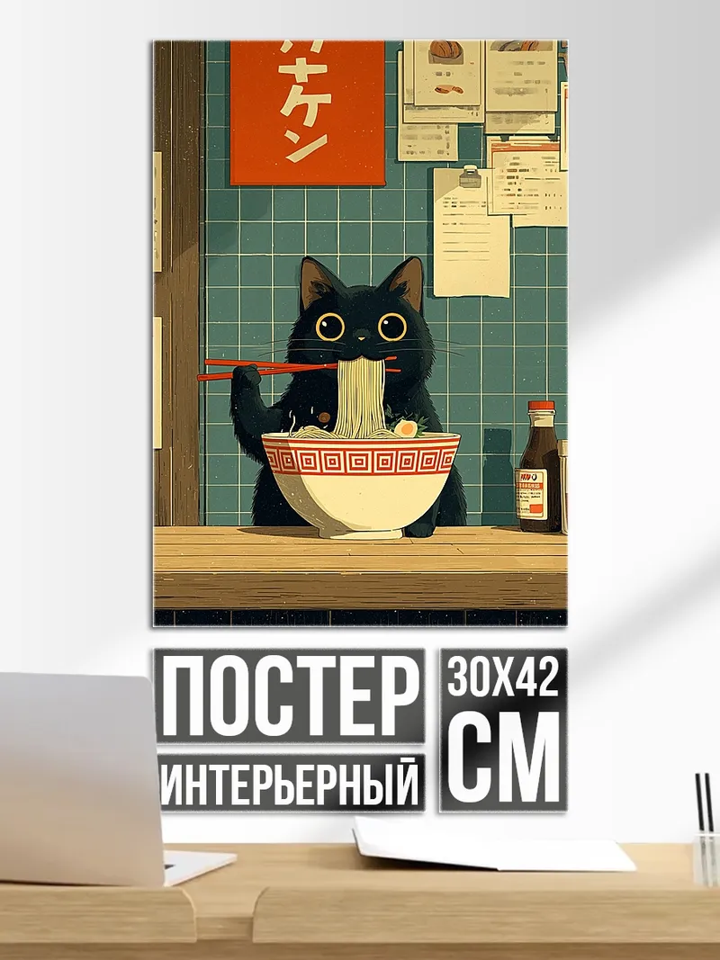 Постер Черный кот ест рамен