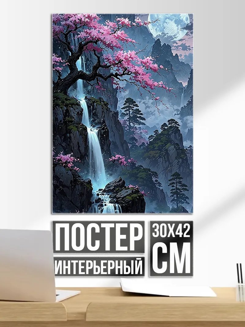 Постер Цветущая сакура у водопада