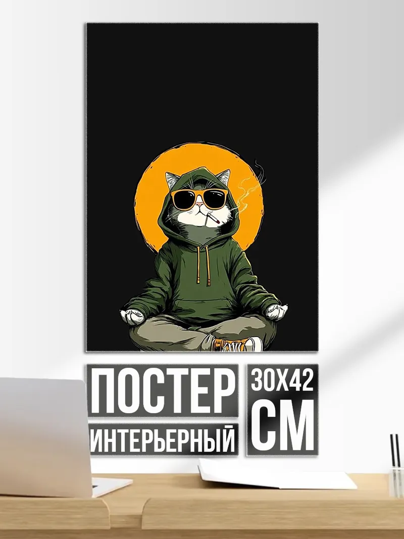 Постер Медитирующий кот в капюшоне