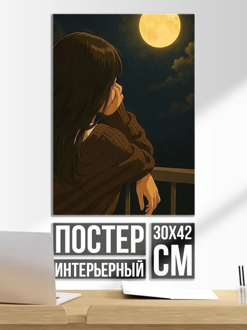 Постер Девушка смотрит на луну