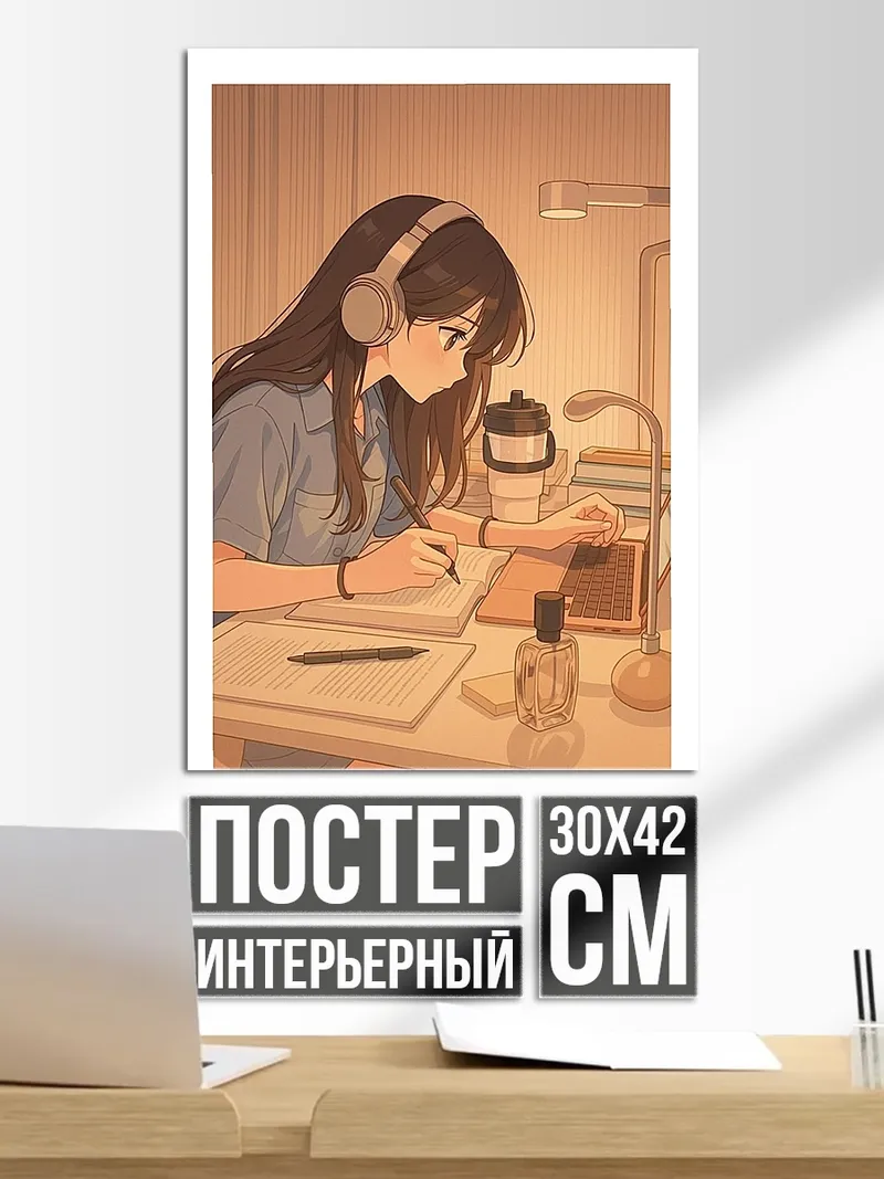 Постер Девушка в наушниках учится