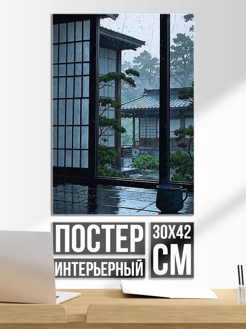 Постер Японский сад в дождь