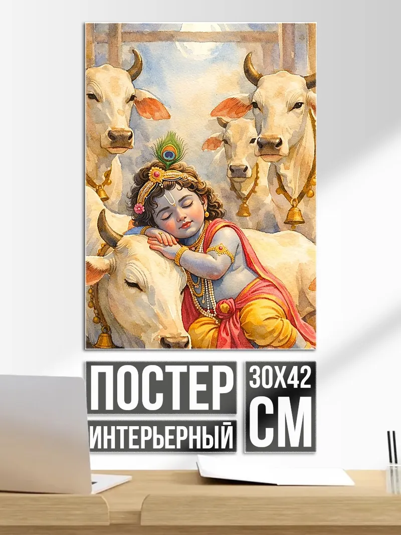 Постер Младенец Кришна с коровами