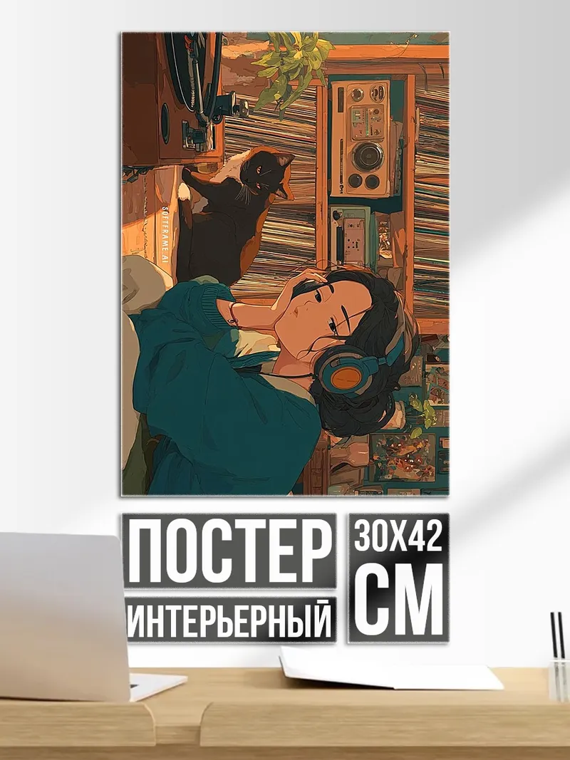 Постер Девушка слушает музыку