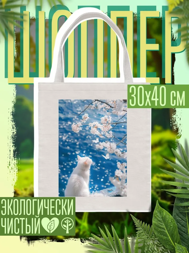 Шоппер Белый кот и сакура