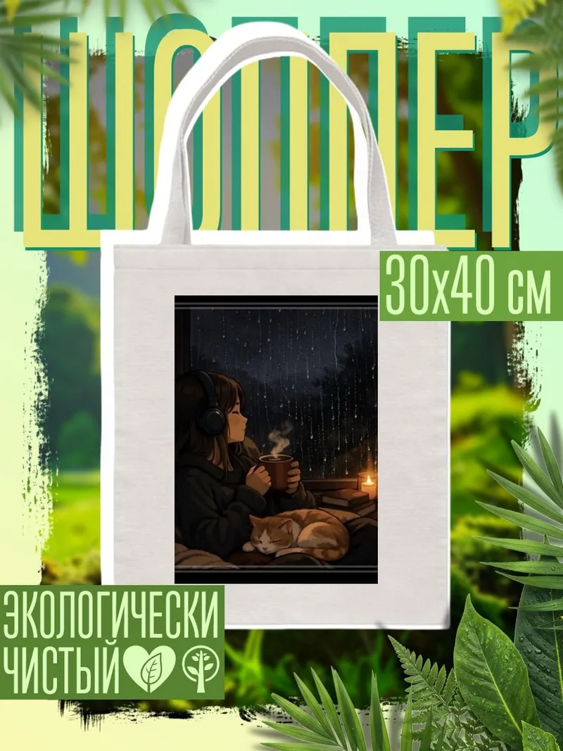 Шоппер Девушка с котом дождь