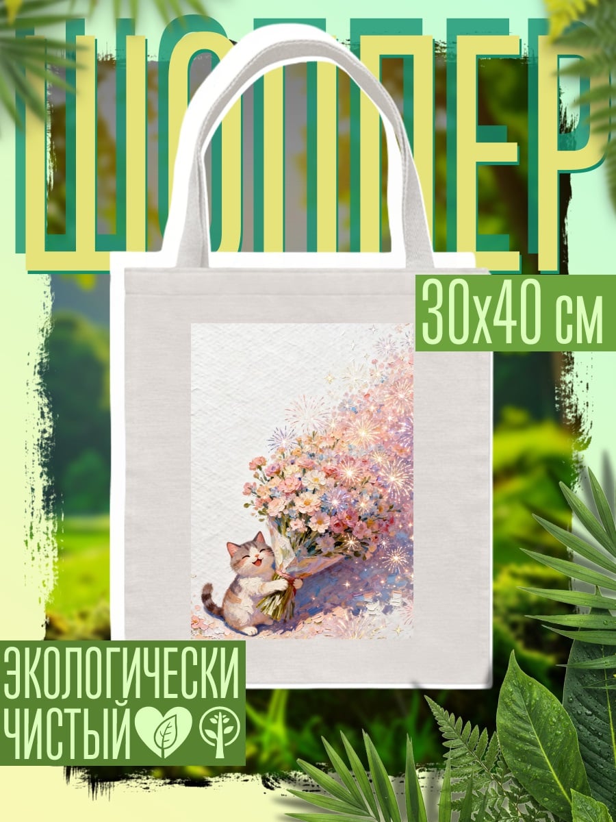 Шоппер Кот с букетом цветов