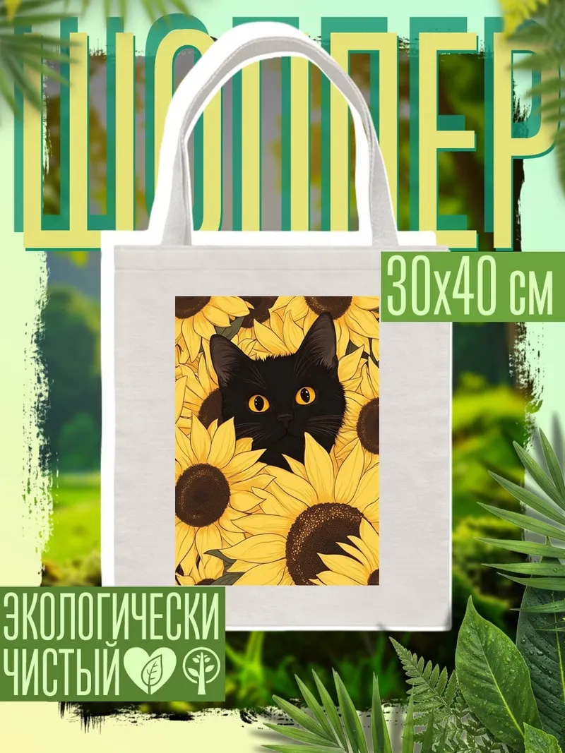 Шоппер Черный кот подсолнухи
