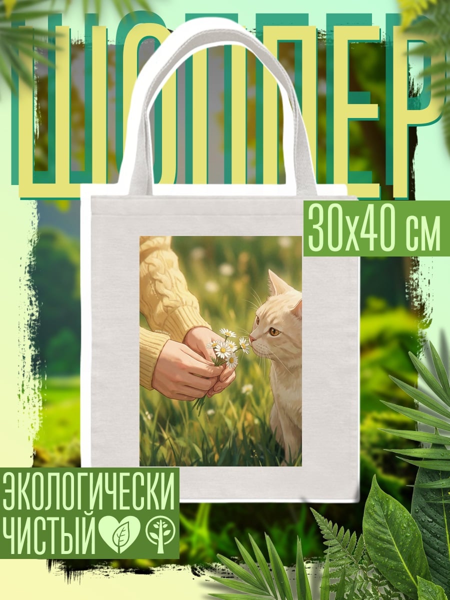 Шоппер Кот нюхает цветы