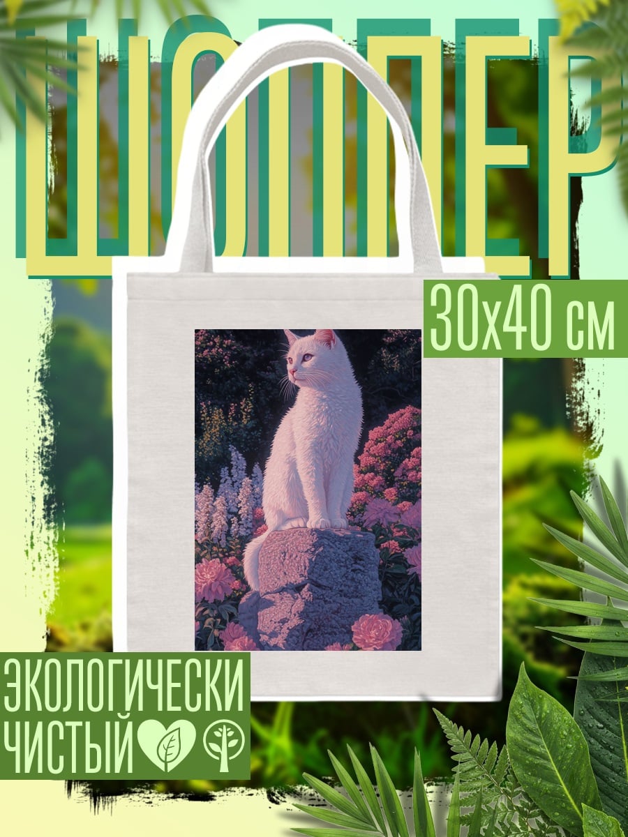 Шоппер Белый кот в цветах