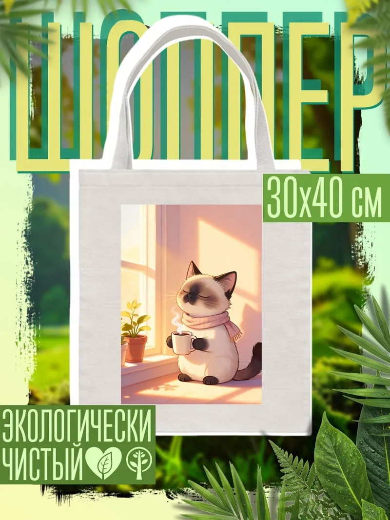 Шоппер Кот пьет кофе