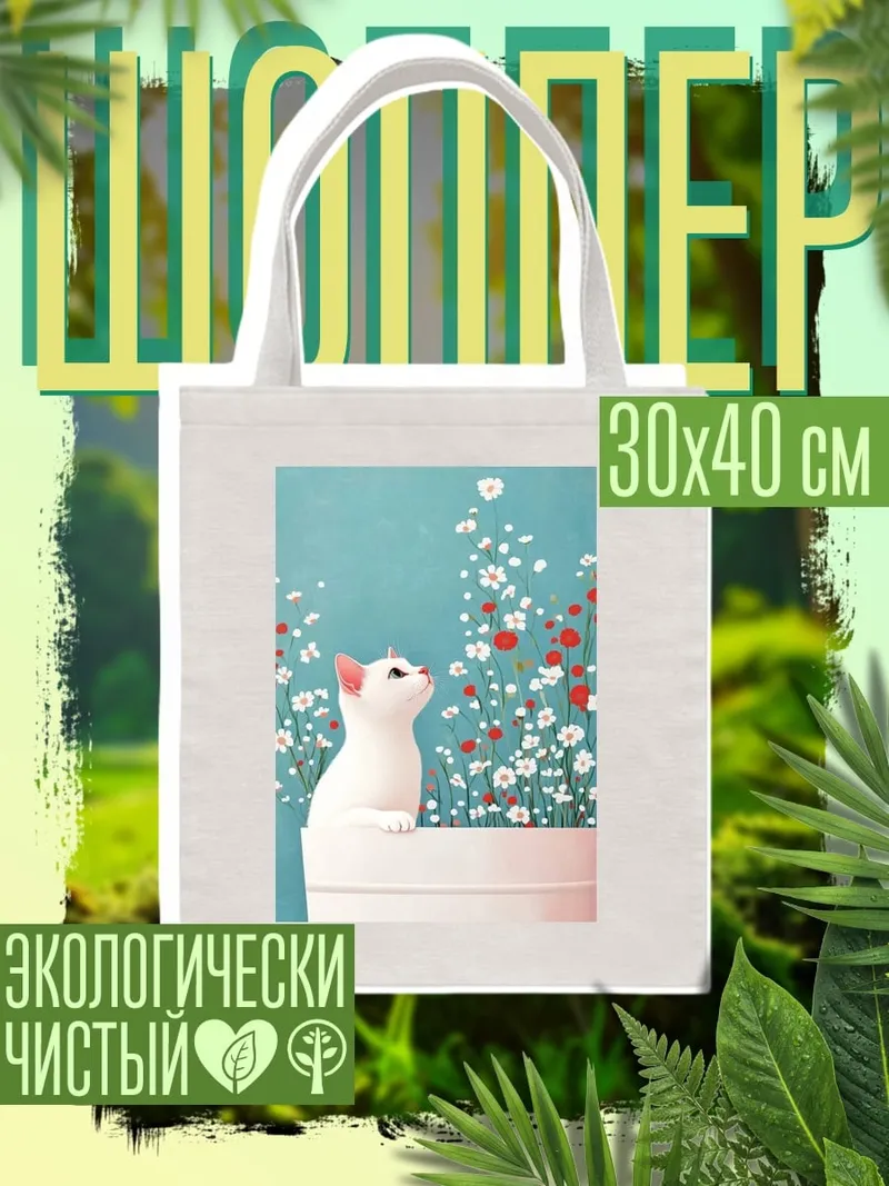 Шоппер Белый кот и цветы